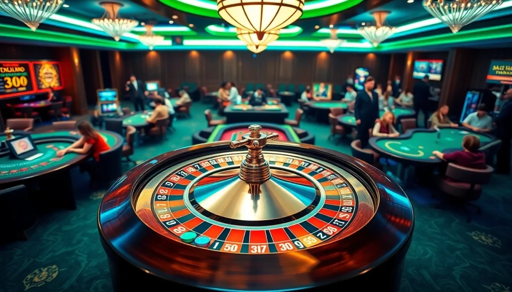 Experience the excitement of QQ 88 at a lively casino, with players at roulette and blackjack tables enjoying their games.