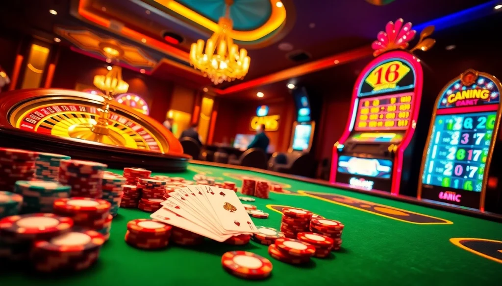 Engage in the thrilling e28 gaming experience with vibrant poker tables and roulette wheels.