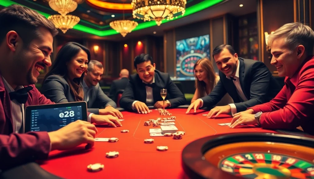 Excitement builds at a poker table in a modern casino, with e28 betting odds displayed, immersing players in the action.
