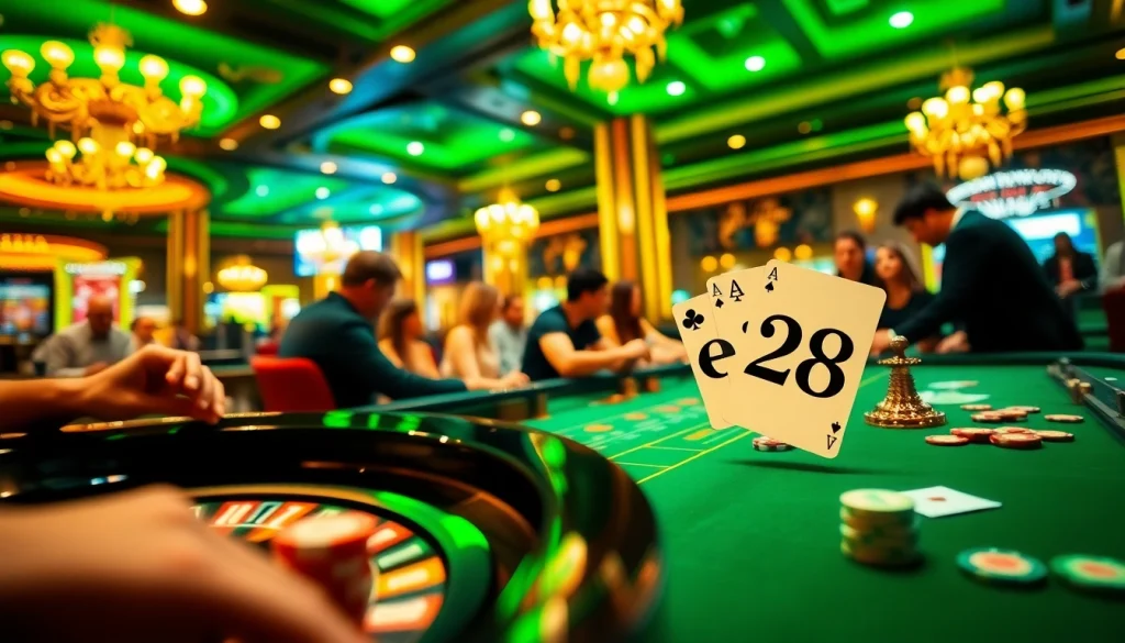 e28 themed poker scene featuring vibrant chips and a spinning roulette wheel, showcasing the excitement of high-stakes gambling.