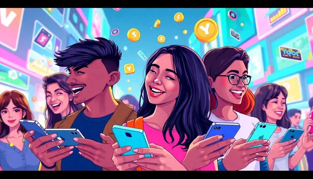 Enjoying the All Yono gaming app with friends in a lively urban setting