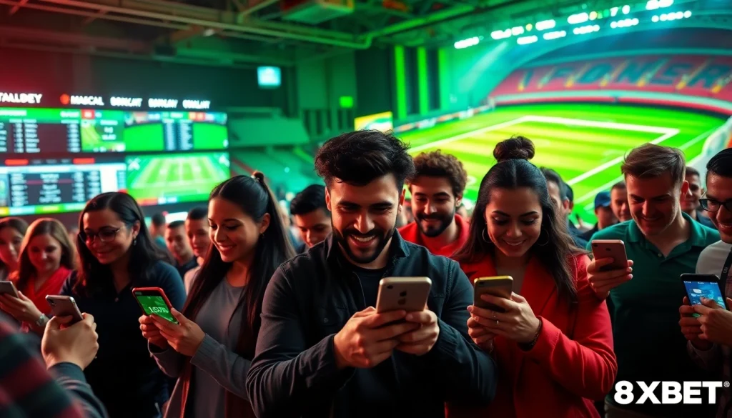 Experience dynamic sports betting with 8XBET as diverse fans engage and place bets in a vibrant stadium.