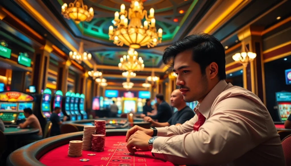 SHBET đăng nhập screen integrated into a vibrant casino scene, showcasing players at gaming tables and slot machines.