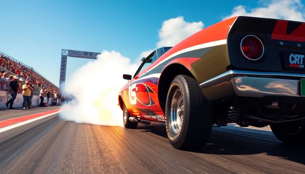 Capture the excitement of Drag Racing News with a vehicle launching off the drag strip amidst tire smoke.