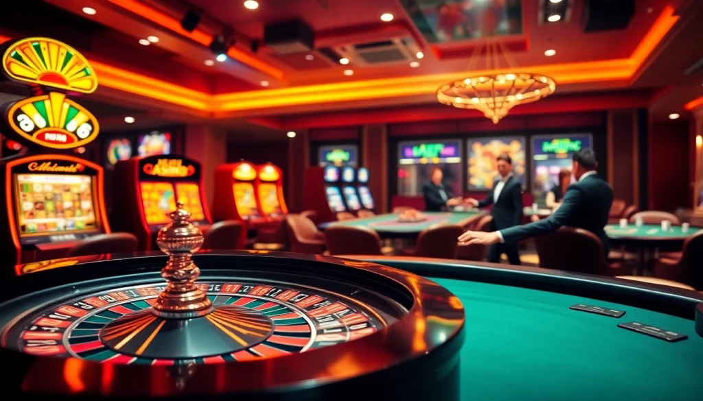 Engage in thrilling games at Nhà cái BJ88's luxurious casino, featuring vibrant roulette and poker tables.