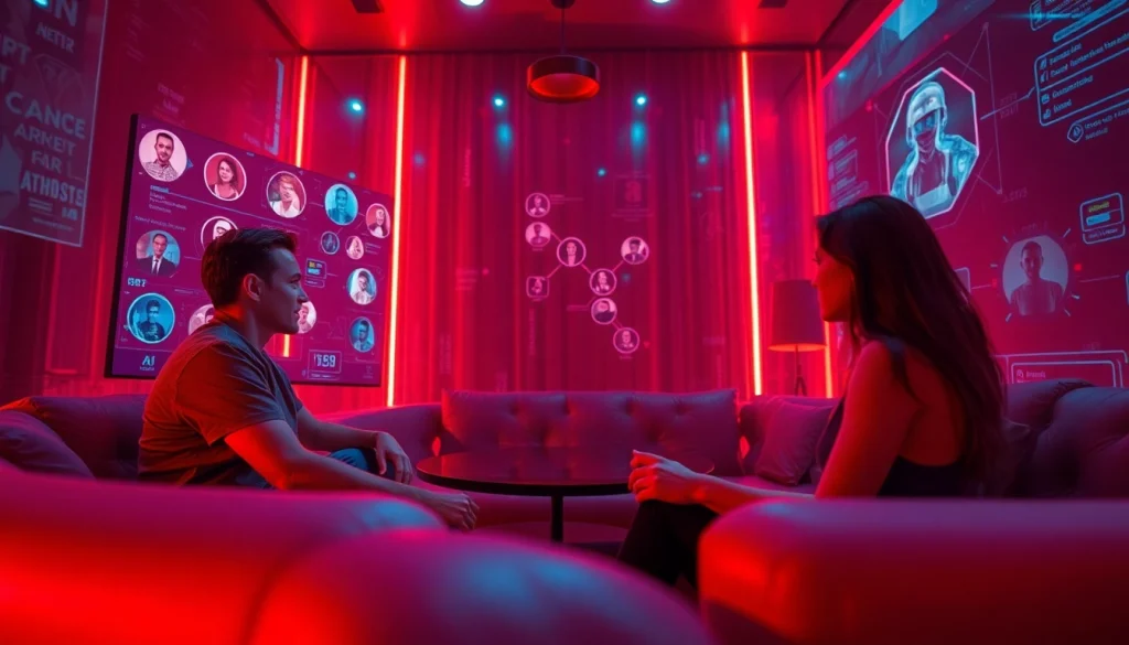 Engaging scene of porn ai chat with intimate ambiance and modern tech interfaces.